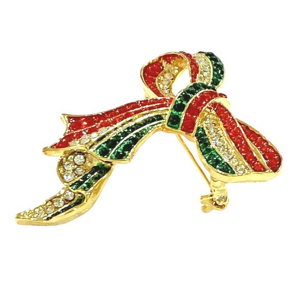 Festive Christmas Brooch Gold Setting Red Green Rhinestones Festive Bow Pendant - Picture 5 of 7